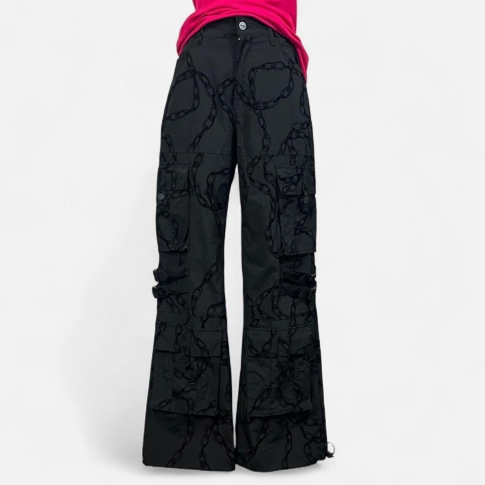 Black High Waist Cargo Pants Chain Link Graphics Womens‎ S Punk Edgy Gorpcore